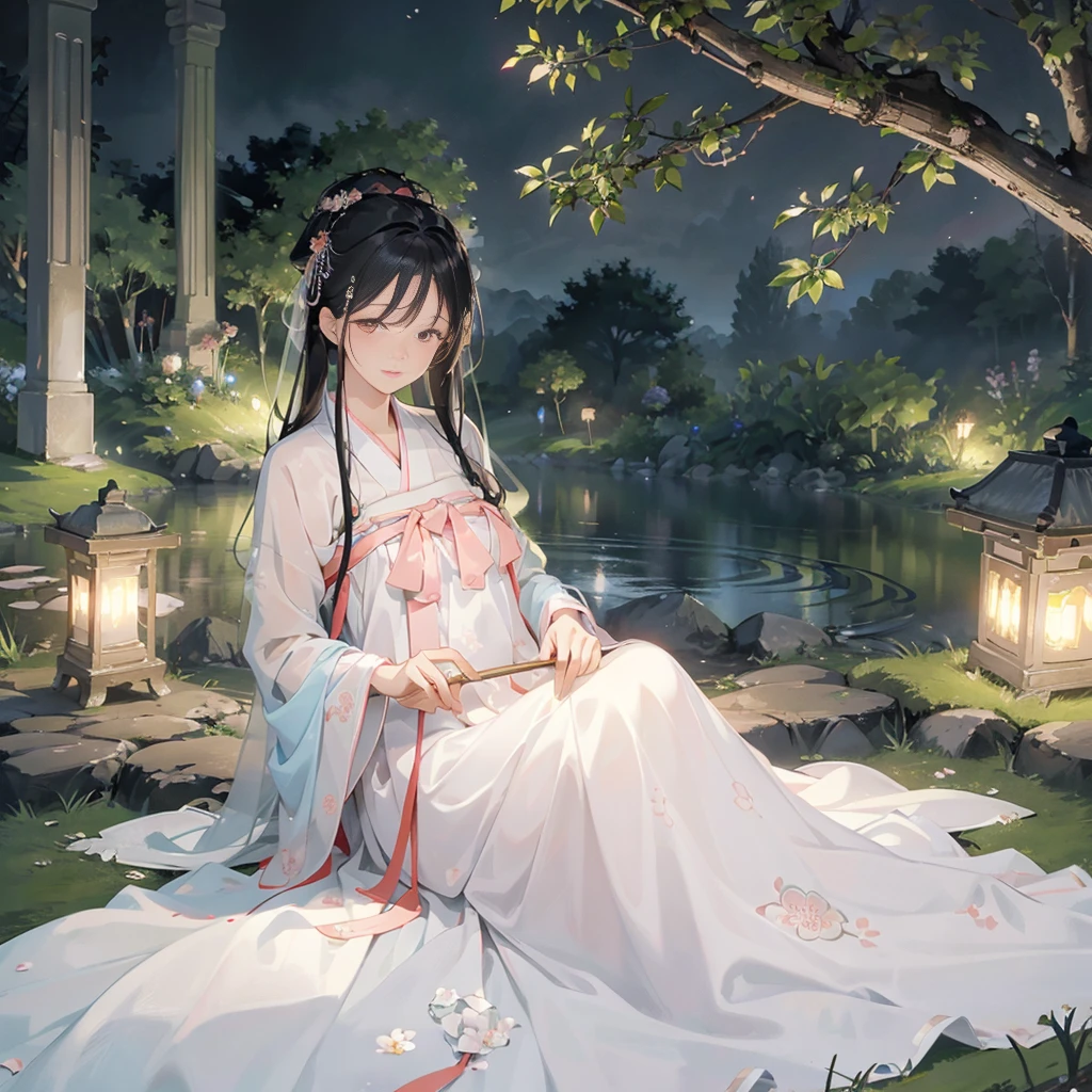 (Best quality,A high resolution,Clear image:1.2),Ultra-detailed background,Beautiful woman,Korean traditional hanbok,Delicate petals,Garden scene,Under the moonlight,Romantic atmosphere,Dutch Angle Shot,Soft lighting,shelmet