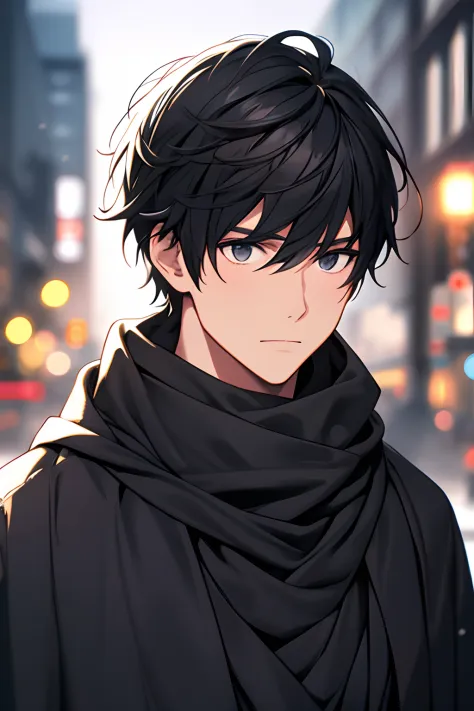 A black hair and black outfit，Man with black scarf and black hoodie and black and white background, (1girll:0.872), (Black hair:...