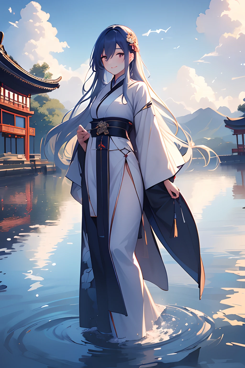 ((4k,masterpiece,best quality)), shuimobysim, traditional chinese ink painting, lotus, hanfu, maxiskit, dress conservatively 1girl, solo, long blue hair, smile, standing, feet in the water, barefoot,