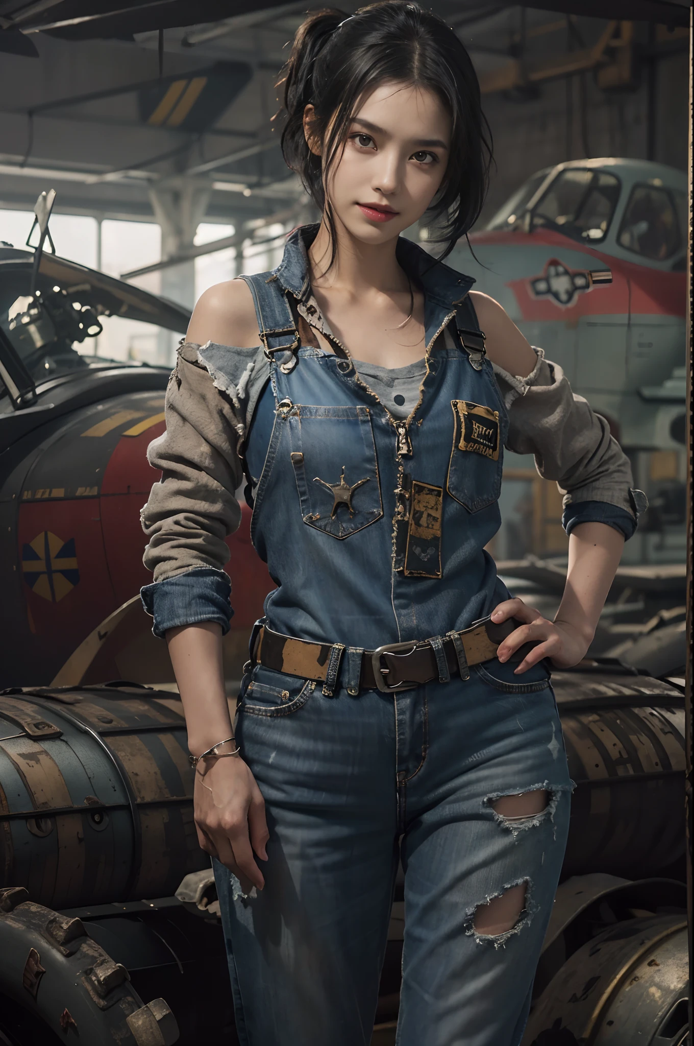 ((best quality)), ((masterpiece)), (detailed),a girl,solo,small head,small face,slim,thin,mesmerizing and alluring female mechanic covered in grease,Confident smile
， (Dirty and rugged charm:1.2), (tough and confident demeanor:1.1), (mechanical expertise:1.3),((disheveled shoulder-length straight black bob hair)),((short pony tail)),smudged face with a playful smirk, stained overalls clinging to her curves, (gritty tools of the trade:1.2), cluttered repair shop, scattered fighter plane parts, (authentic fighter plane ambiance:1.2), (intense gaze:1.1), gripping a wrench in her dirty hands, 8k resolution,looking at another, looking away,masterpiece, best quality,Photorealistic, ultra-high resolution, photographic light