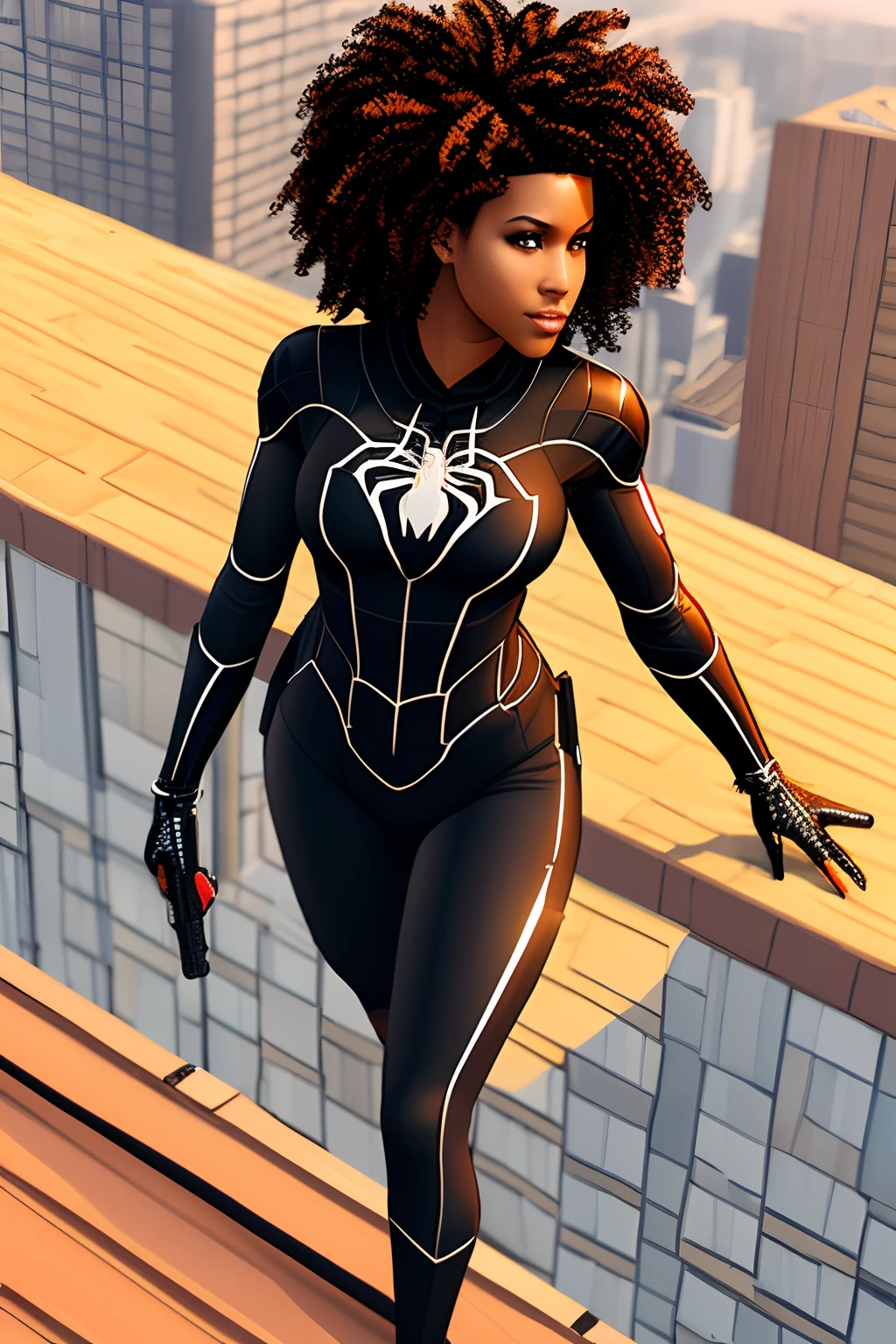 Spider - woman in a black suit walking on a ledge - SeaArt AI