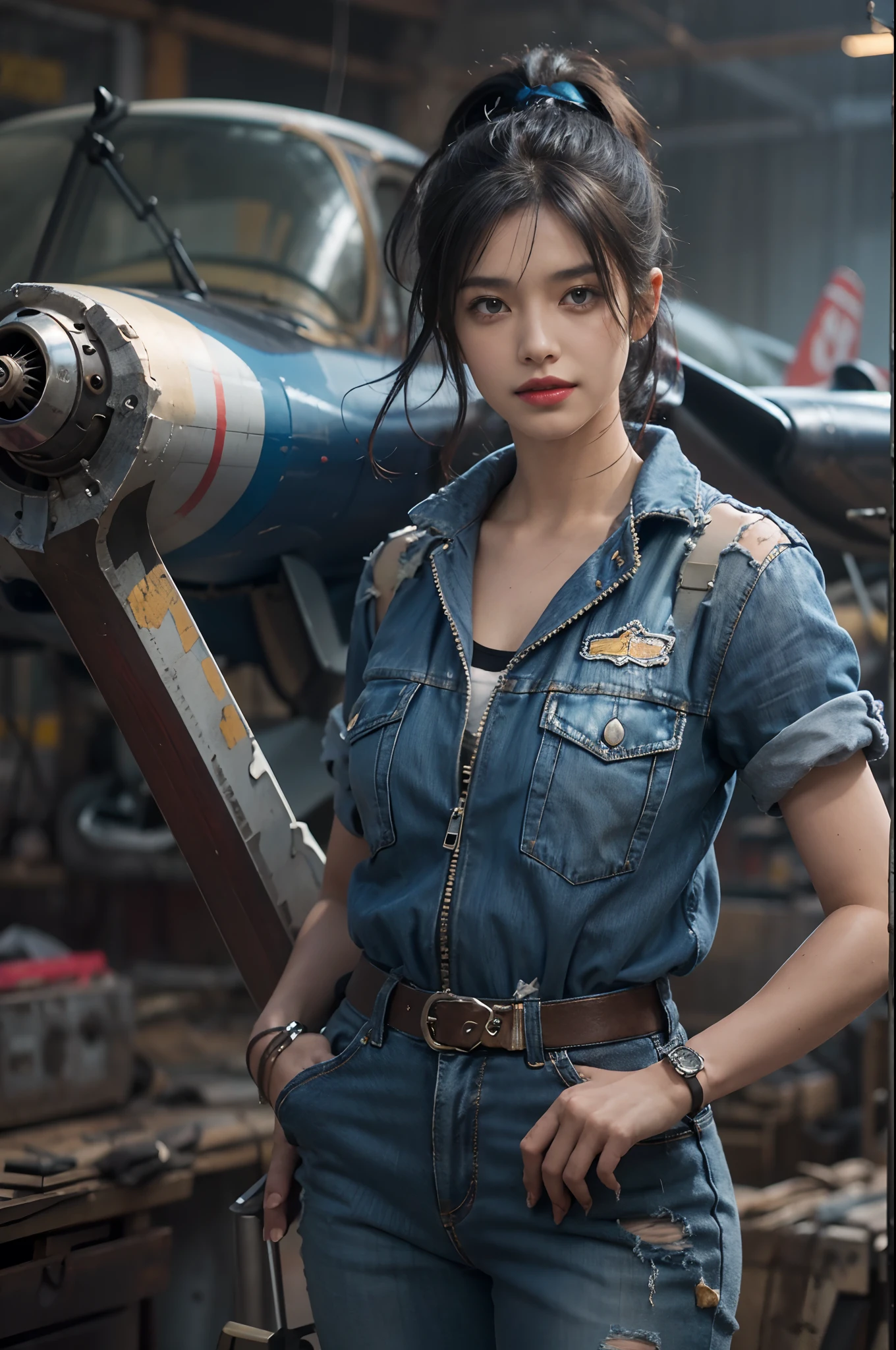 ((best quality)), ((masterpiece)), (detailed),a girl,solo,small head,small face,slim,thin,mesmerizing and alluring female mechanic covered in grease,Confident smile
， (Dirty and rugged charm:1.2), (tough and confident demeanor:1.1), (mechanical expertise:1.3),((disheveled shoulder-length straight black bob hair)),((short pony tail)),smudged face with a playful smirk, (stained blue jacket and blue pants clinging to her curves), (gritty tools of the trade:1.2), cluttered repair shop, scattered fighter plane parts, (authentic fighter plane ambiance:1.2), (intense gaze:1.1), gripping a wrench in her dirty hands, 8k resolution,looking at another, looking away,masterpiece, best quality,Photorealistic, ultra-high resolution, photographic light