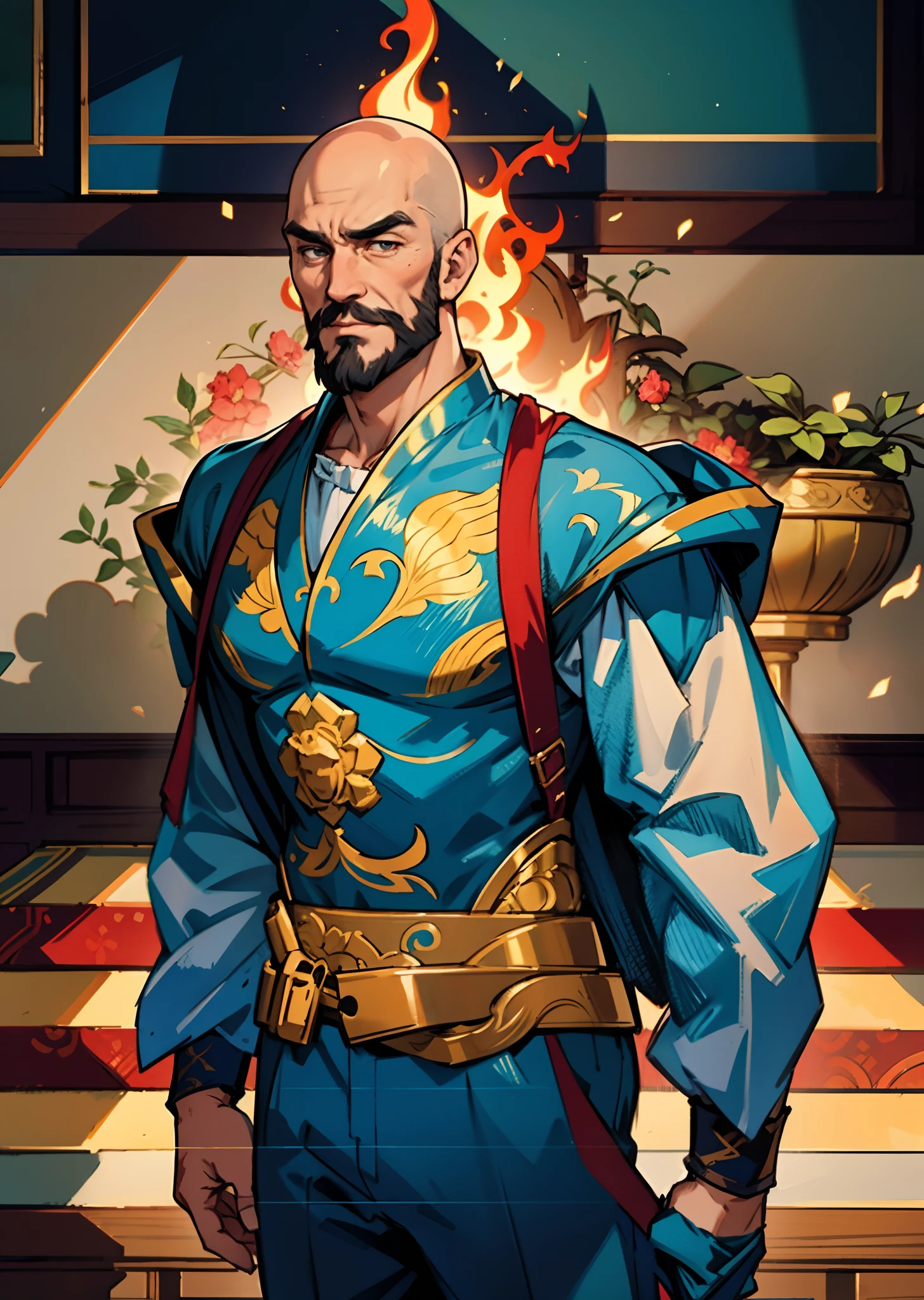 A bald middle-aged man, bold eyebrows, large and round eyes, he has a full beard, flame-shaped war paint on his face, a fantasy-style Chinese robe with intricate silk ribbons and decorations, a light-colored bodysuit, matching trousers, the scene is set in a majestic Chinese hall, this character embodies a finely crafted fantasy-style aristocratic in anime style, characterized by an exquisite and mature manga illustration art style, high definition, best quality, highres, ultra-detailed, ultra-fine painting, extremely delicate, professional, anatomically correct, symmetrical face, extremely detailed eyes and face, high quality eyes, creativity, RAW photo, UHD, 8k, Natural light, cinematic lighting, masterpiece-anatomy-perfect, masterpiece:1.5