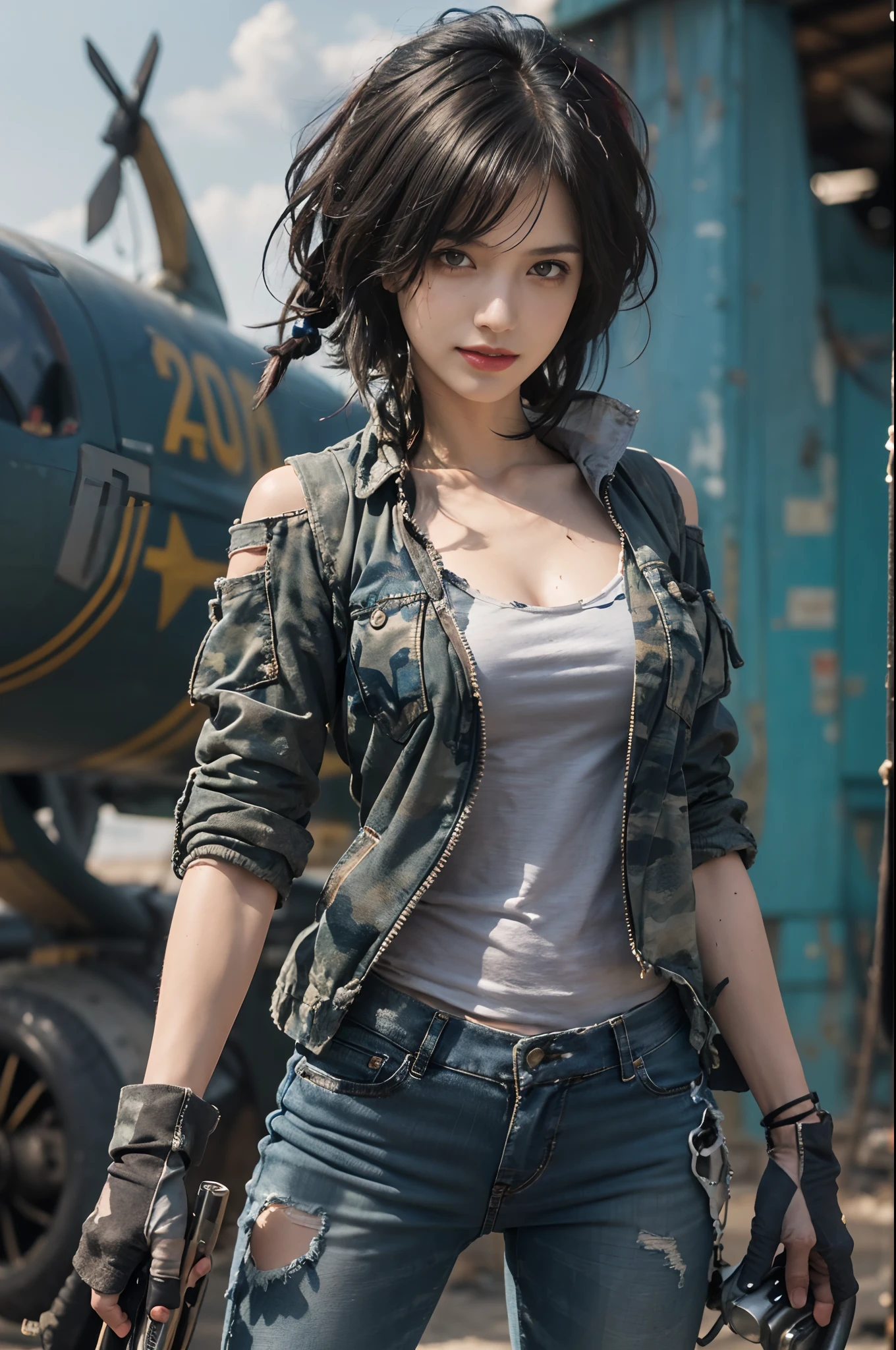 ((best quality)), ((masterpiece)), (detailed),a girl,solo,small head,small face,slim,thin,slender legs,mesmerizing and alluring female mechanic covered in grease,Confident smile
， (Dirty and rugged charm:1.2), (tough and confident demeanor:1.1), (mechanical expertise:1.3),((disheveled shoulder-length straight black bob hair)),((short pony tail)),smudged face with a playful smirk, (stained Blue camouflage jacket and blue camouflage pants clinging to her curves), (gritty tools of the trade:1.2), cluttered repair shop, scattered fighter plane parts, (authentic fighter plane ambiance:1.2), (intense gaze:1.1), gripping a wrench in her dirty hands, 8k resolution,looking at another, looking away,masterpiece, best quality,Photorealistic, ultra-high resolution, photographic light