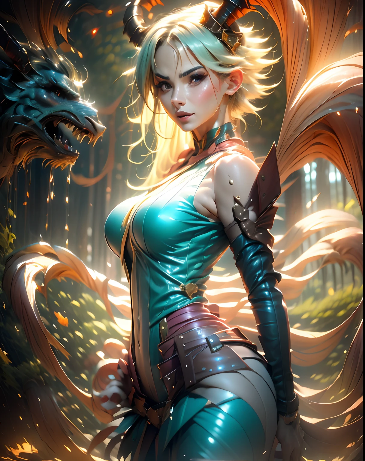 Lendária garota domadora de dragões, mago das trevas , no reino dos céus, queimando entre nuvens e raios de sol ao seu redor. Pose sedutora sexy e inocente.