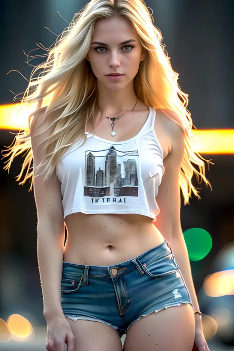 gorgeous woman with extra long wavy blonde hair, detailed alluring eyes, long sexy legs, wearing tiny shorts, t-shirt, ((detaile...
