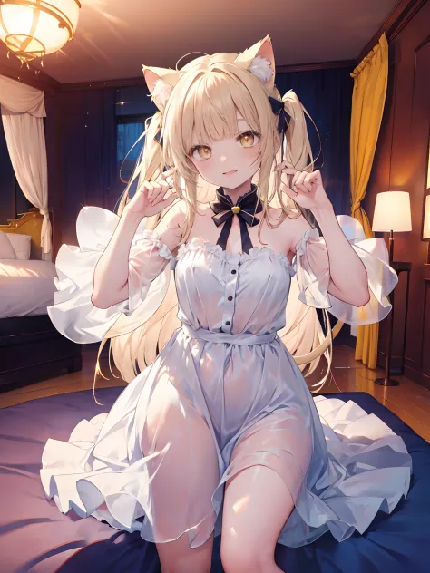 half body photo, a girl (long blonde hair, cat ears, big yellow eyes, smiling with her mouth open), wearing a transparent white dress, looking at the camera (in a cat pose), in a bedroom
