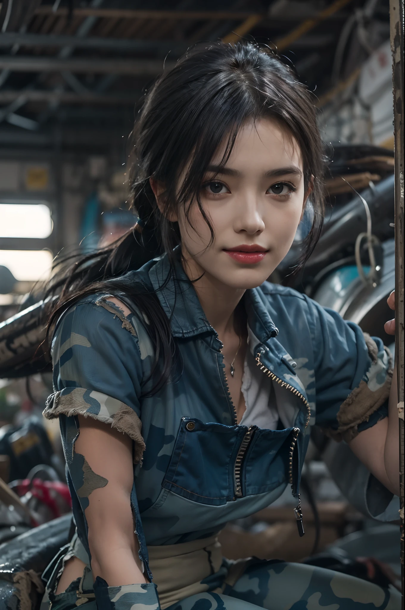 ((best quality)), ((masterpiece)), (detailed),a girl,solo,small head,small face,slim,thin,slender legs,mesmerizing and alluring female mechanic covered in grease,Confident smile
， (Dirty and rugged charm:1.2), (tough and confident demeanor:1.1), (mechanical expertise:1.3),((disheveled shoulder-length straight black bob hair)),((short pony tail)),smudged face with a playful smirk, (stained Blue camouflage jacket and blue camouflage pants clinging to her curves), (gritty tools of the trade:1.2), cluttered repair shop, scattered fighter plane parts, (authentic fighter plane ambiance:1.2), (intense gaze:1.1), gripping a wrench in her dirty hands, 8k resolution,looking at another, looking away,masterpiece, best quality,Photorealistic, ultra-high resolution, photographic light