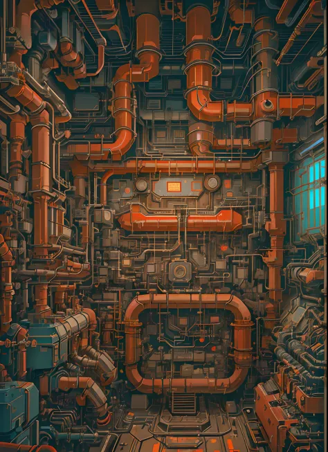 masterpiece, concept art, medium shot, centered, a room filled with lots of pipes and valves, cyberpunk art, featured on pixiv, ...