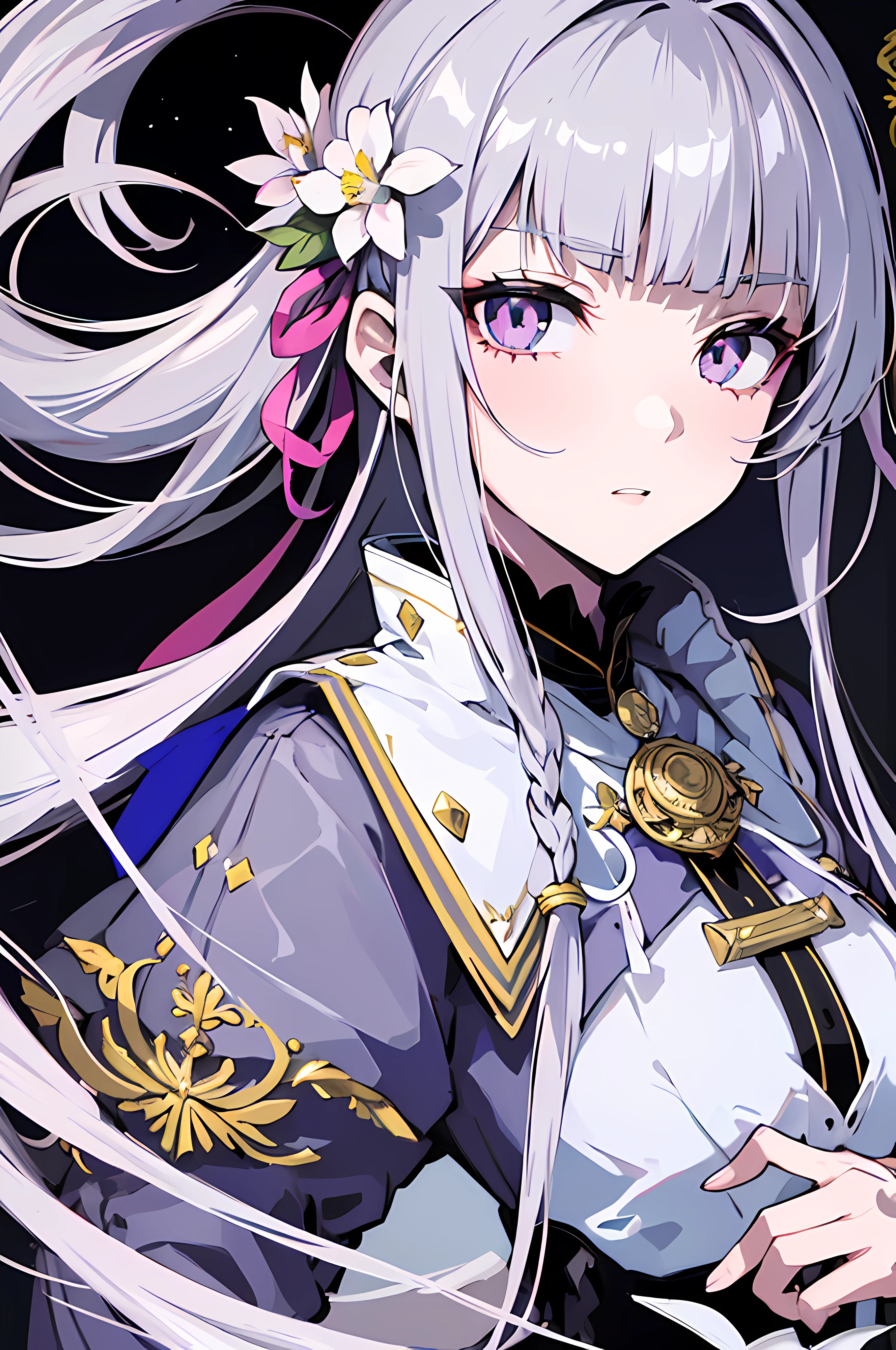 Masterpiece, Excellent girl, Night Moon Full Moon, 1 Female, Mature woman, sister, royal sister, cool face, expressionless, Silvery-white long-haired woman, light pink lips, Calm, intellectual, Three-striped gray eyes, Killer Short Knife, Flower ball background, hand details, Finger details, details face, eye details,