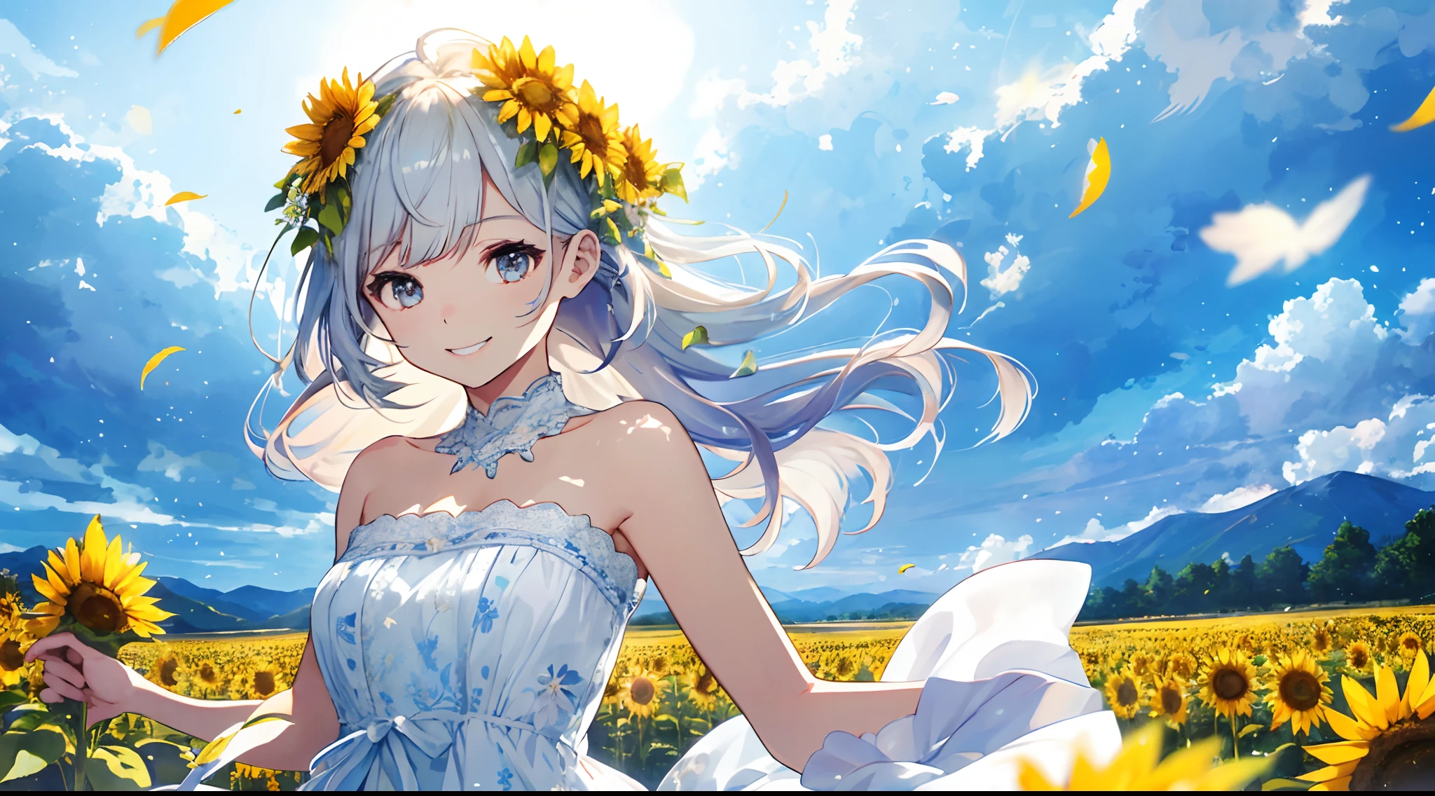 (Best Quality: 1.5), (Super Detail: 1.5), (Best Quality Photo: 1.5), Summer Sky, Sunflower Field as far as the eye can see, Scenic, Beautiful landscape, Light particles, Very delicate and beautiful, Very detailed, Bioluminescence, Cinematic light, Mysterious, Cinematic angle, 8K resolution, Elegant, Perfect, Smooth, Beautiful Girl, Very Cute, Smile, (Delicate and Beautiful Eyes: 1.2), (Girl: 1.5),Lace, Ribbon, Strapless, Hundred Flowers Disturbance, Refreshing Wind, Fluttering Petals,