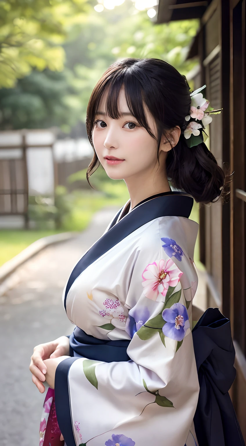 (Kimono)、(top-quality,​masterpiece:1.3,超A high resolution,),(ultra-detailliert,Caustics),(Photorealsitic:1.4,RAW shooting,)Ultra-realistic capture,A highly detailed,high-definition16Kfor human skin、Colossal 、 Skin texture is natural、、The skin looks healthy with an even tone、 Use natural light and color,One Woman,japanes,,kawaii,A dark-haired,Middle hair,(depth of fields、chromatic abberation、、Wide range of lighting、Natural Shading、)、(Exterior light at night:1.4)、(Morning glory petals on kimono pattern:1.2)、(Hair swaying in the wind:1)、(The tree々reflecting light:1.3)、(summer festival in background)、(kawaii)