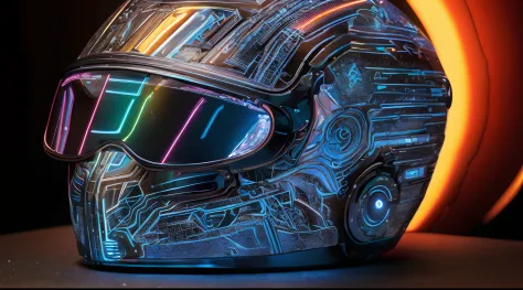 Still Life Photography of an intricate cyber helmet, masterfully crafted, embedded with illuminated digital display, resting on a polished metallic surface, surrounded by a dark, neon-lit world, crisp and detailed shot with controlled studio lighting, take...