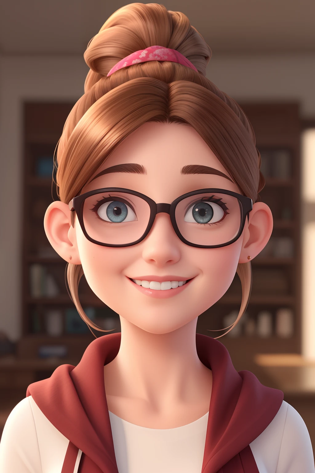 A 34 year old woman, with short brown hair, Round face, round face with charming smile, and light brown eyes, wears glasses and a ponytail, wearing glasses.