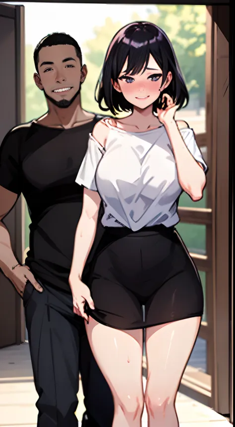 Short girl and black guy, (((Girl in oversized plain white t-shirt、Seduce the audience while watching at the entrance))), View from Bellow, Healthy thighs,
Lori, child, (Evil smile:1.2), Off-shoulder, Long sleeve, cocky, blush, 
A man puts his hand on a gi...