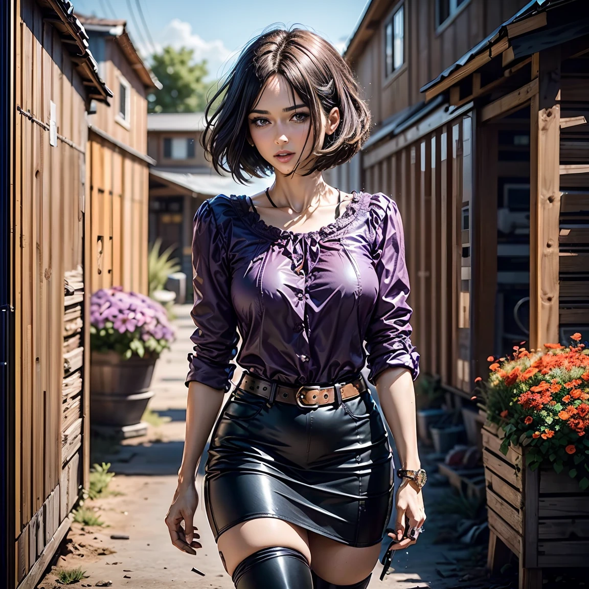 Highest quality, high resolution, looking at viewer, ((1 woman)), with chin length hair, short hair, dark bob cut, thick hair, center part, stacked bob, voluminous hair, in her 30s, purple blouse, calf length skirt, dark stockings, and calf boots, baggy blouse, wrinkled clothing, perfect skin, beautiful, detailed face, walking through a field of flowers, photo realistic, video game cut scene, smooth, Insanely detailed, cinematic, anime, award wining, masterpiece, super detail, detailed background, anatomically correct, best quality, 16k , （tmasterpiece：1.3), extremely Clear, Wide_Shot,