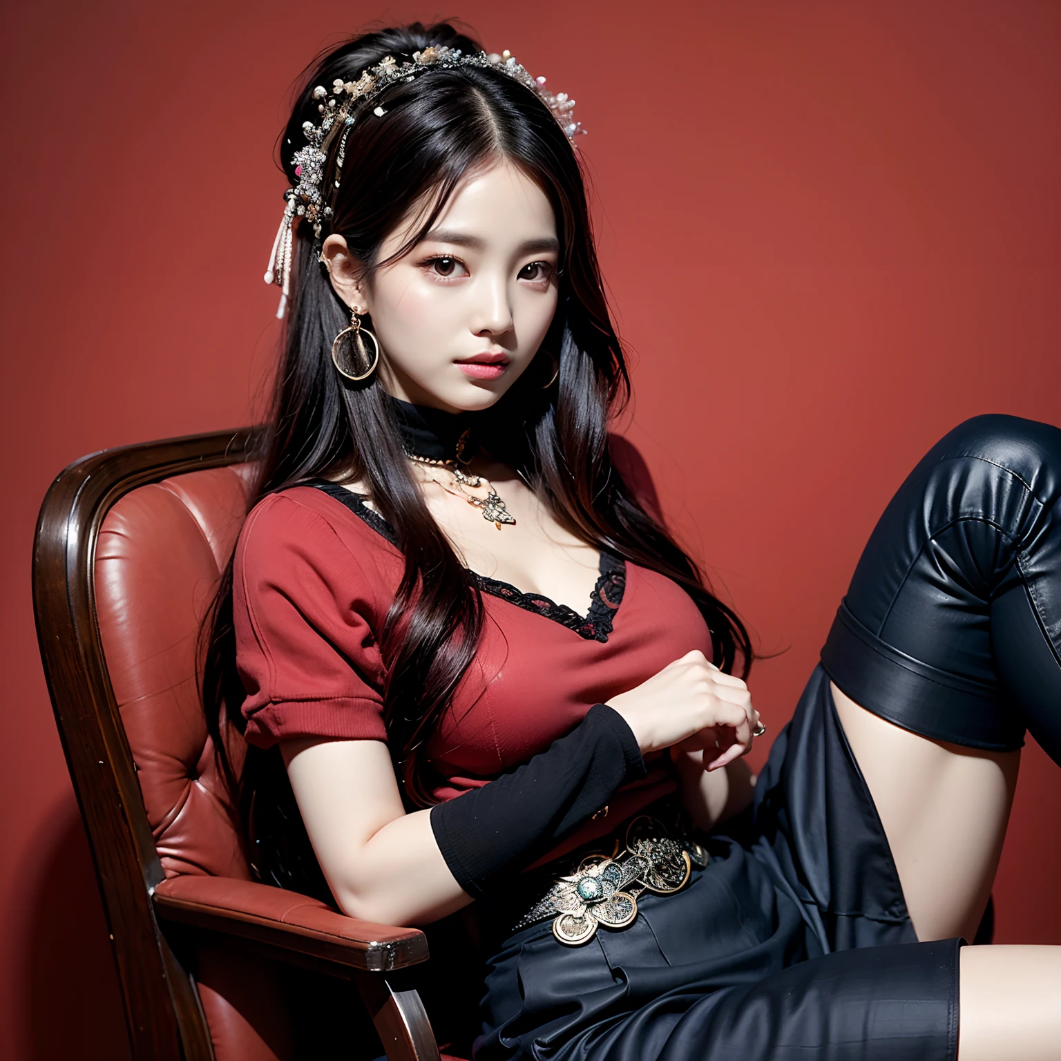 a Korean woman with very long black hair poses for a very sensual