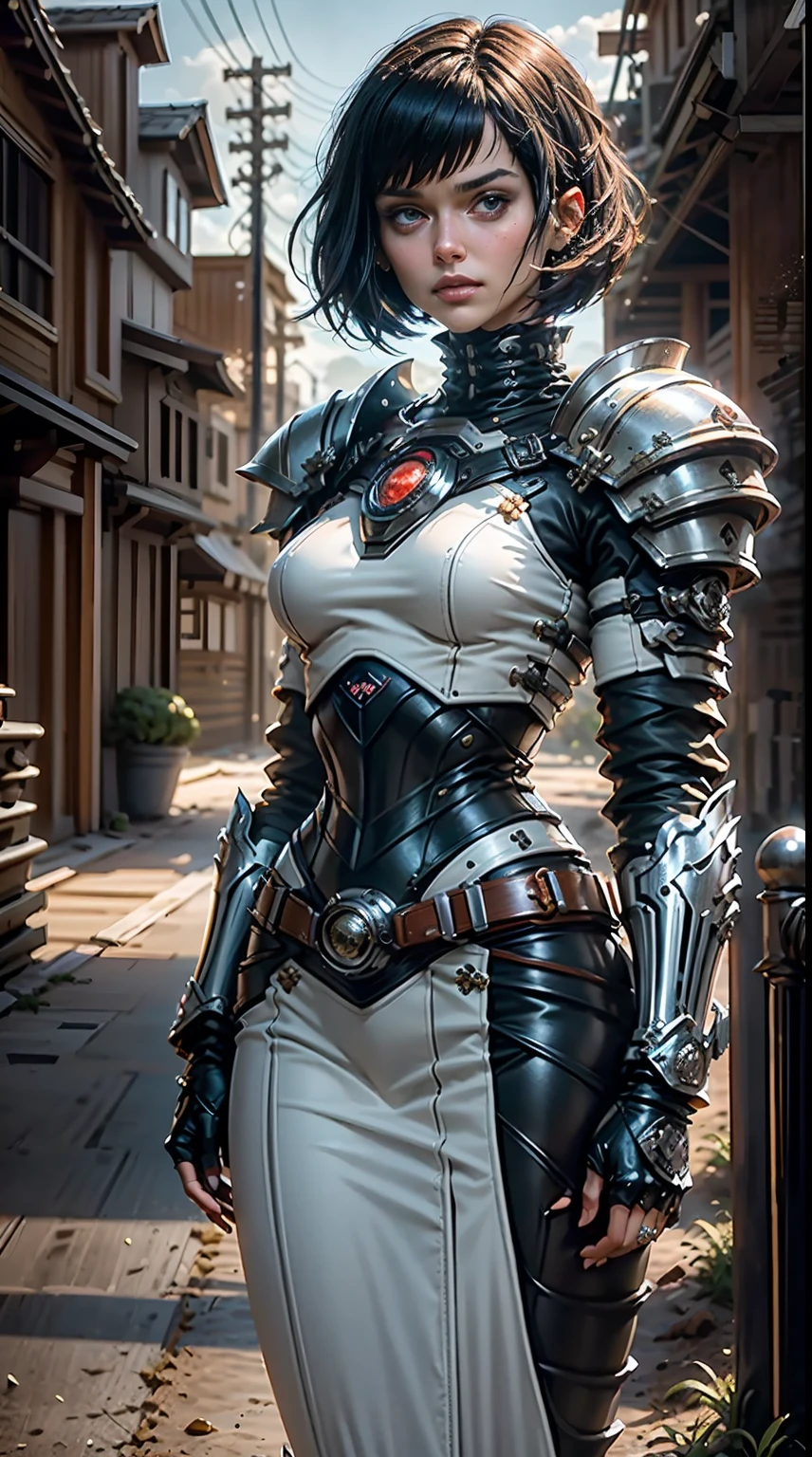 Highest quality, high resolution, looking at viewer, ((1 woman)), with chin length hair, short hair, dark bob cut, thick hair, center part, stacked bob, voluminous hair, in her 30s, wearing blazing armored space suit, back lit, bearing a glaring white blade,  charging through a field of alien flowers, flowers, photo realistic, video game cut scene, smooth, Insanely detailed, cinematic, anime, award wining, masterpiece, super detail, detailed background, anatomically correct, best quality, 16k , （tmasterpiece：1.3), extremely Clear, Wide_Shot,