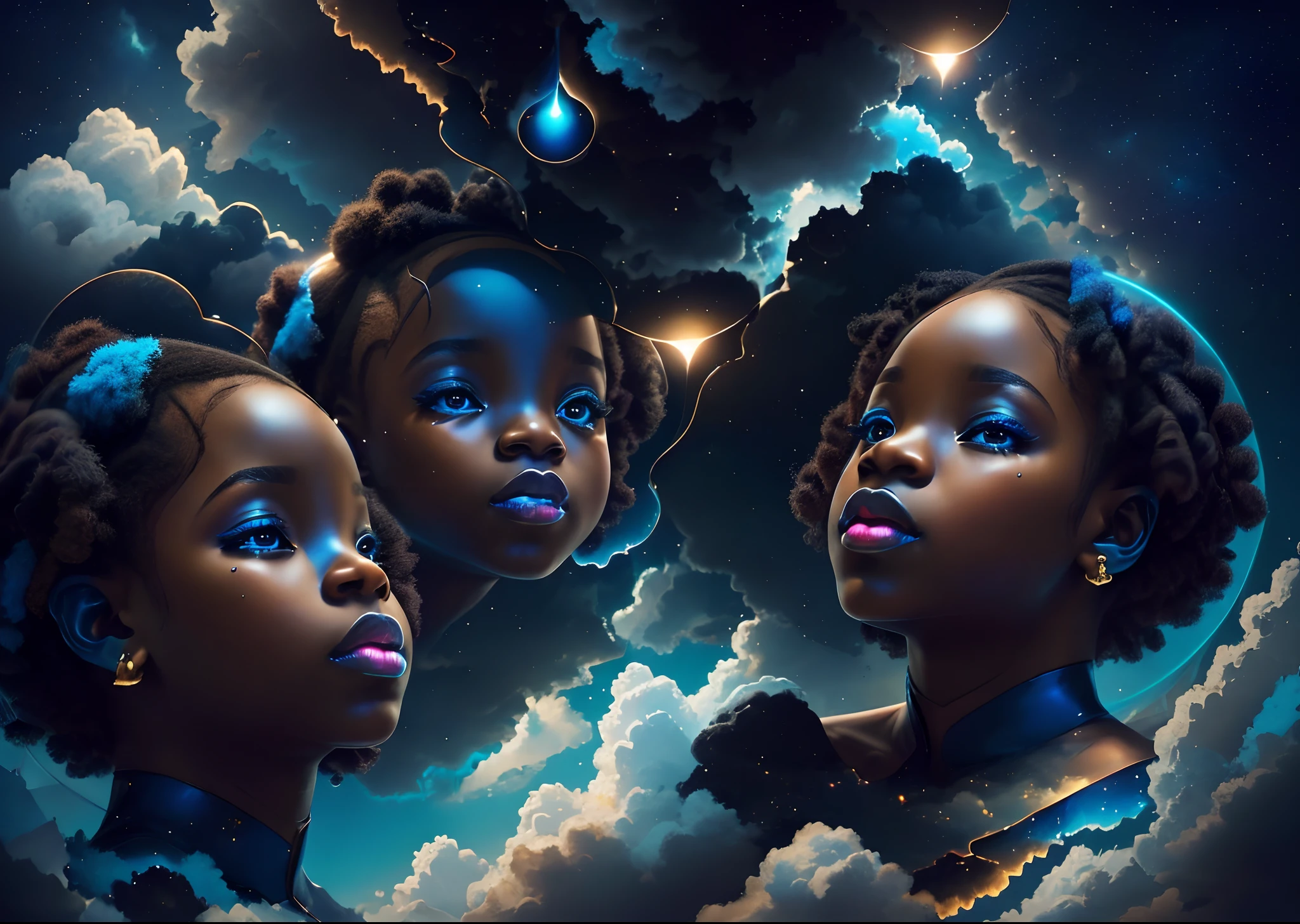 Beautiful black babies dressed in African 
designed clothes,  floating in the sky ,among the clouds reflected by lights of colours of blue and velvet, abstract art, blue and velvet layers of colour in the background,  surrealism, cinematic lighting, artgerm style, 32k, ultra HD, unreal engine rendered, hyper-realistic image --auto --s2