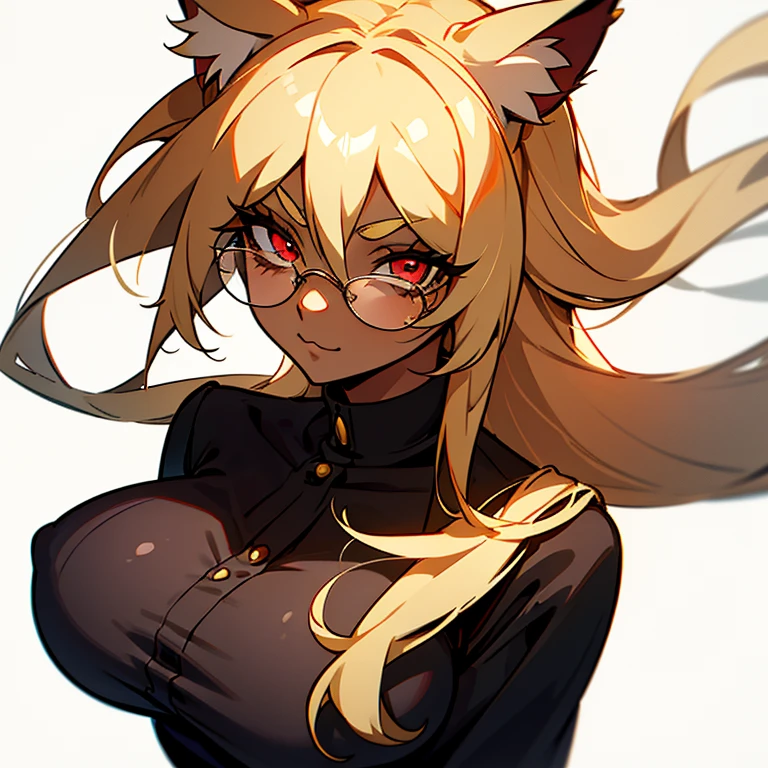 1girl, solo, upper body, mature, mature female, milf, blond hair, long hair, hair ribbon, red eyes, long eyelashes, thick eyelashes, looking at viewer, :3, white background, cat ears, glasses, hair between eyes , dark skin, thick eyebrows,