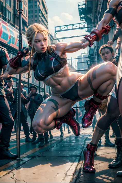 Cammy White from Street Fighter displaying her agility and combat prowess with spontaneous poses aboard a bustling metro train during rush hour, passengers around her caught in a mix of surprise and admiration, dynamic composition capturing the movement of...