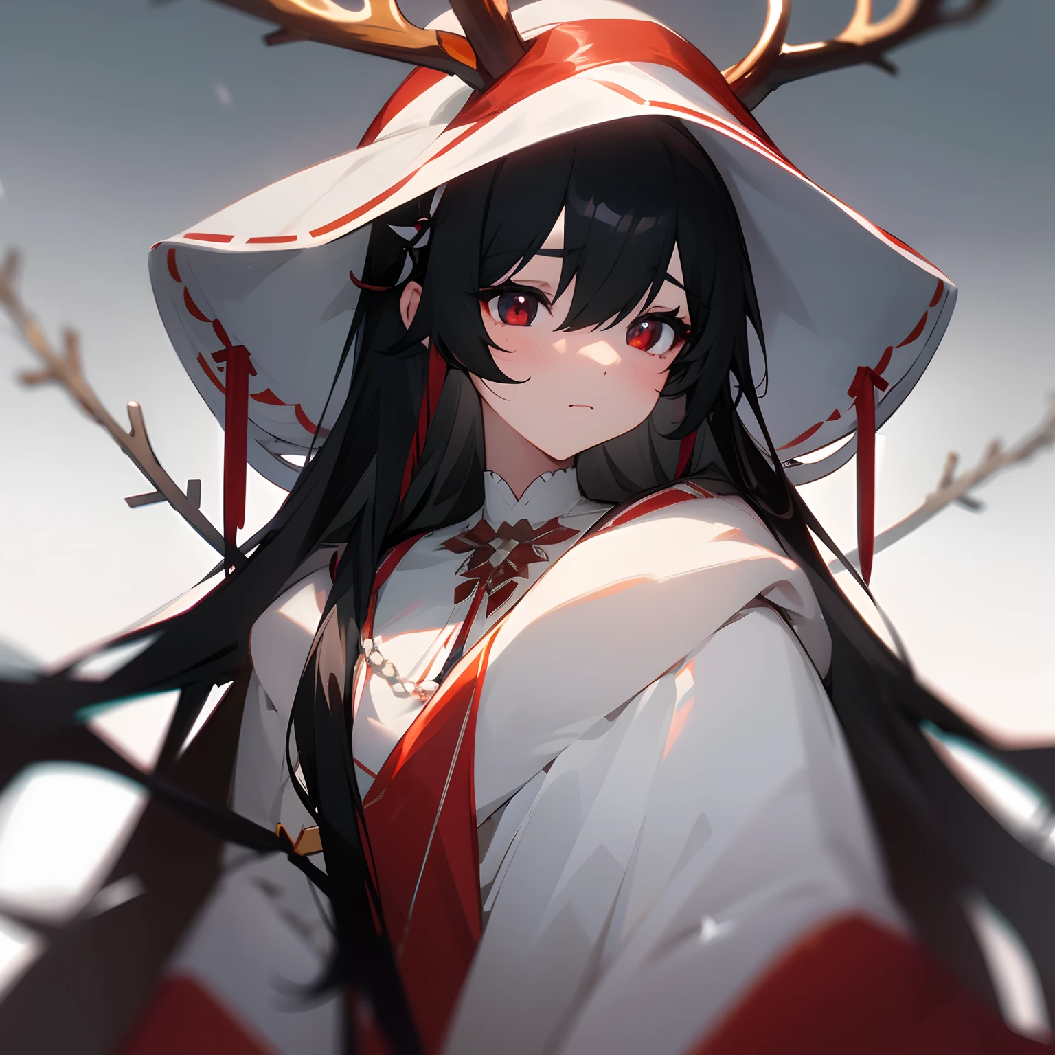 1girl, solo, upper body, mature, mature female, milf, black hair, long hair, hair ribbon, black eyes with red pupils, long eyelashes, thick eyelashes, looking at viewer, :3, white background, reindeer antlers, hair between eyes, white skin, thin eyebrows,