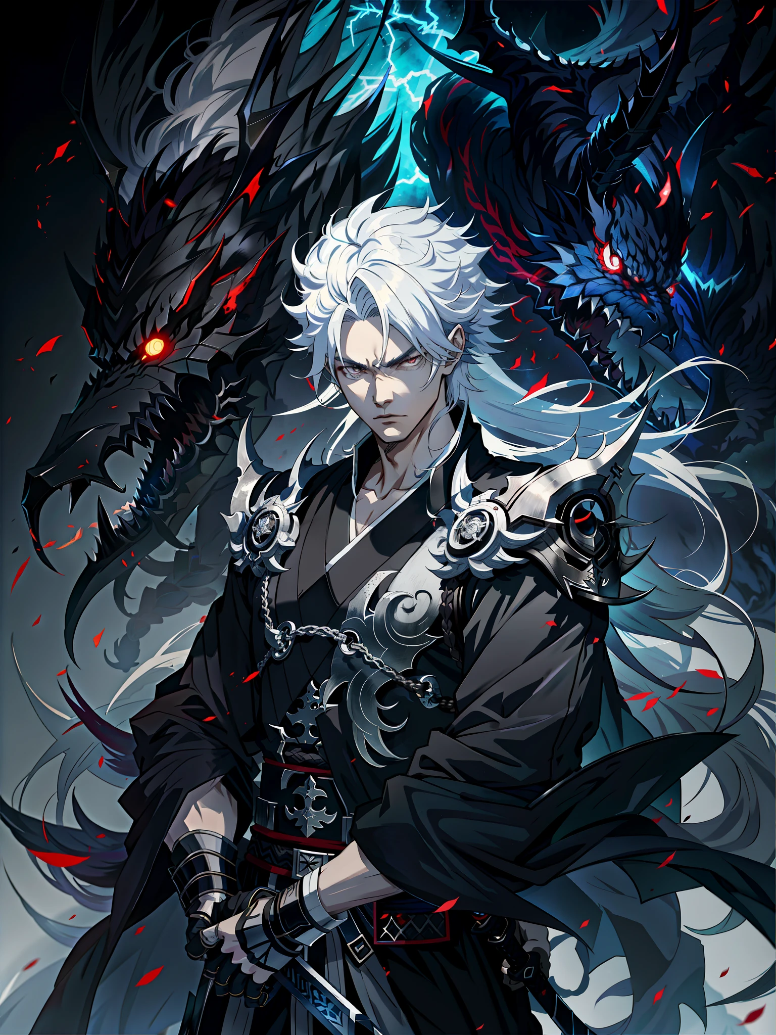 A man with white hair and black clothes holding a sword - SeaArt AI