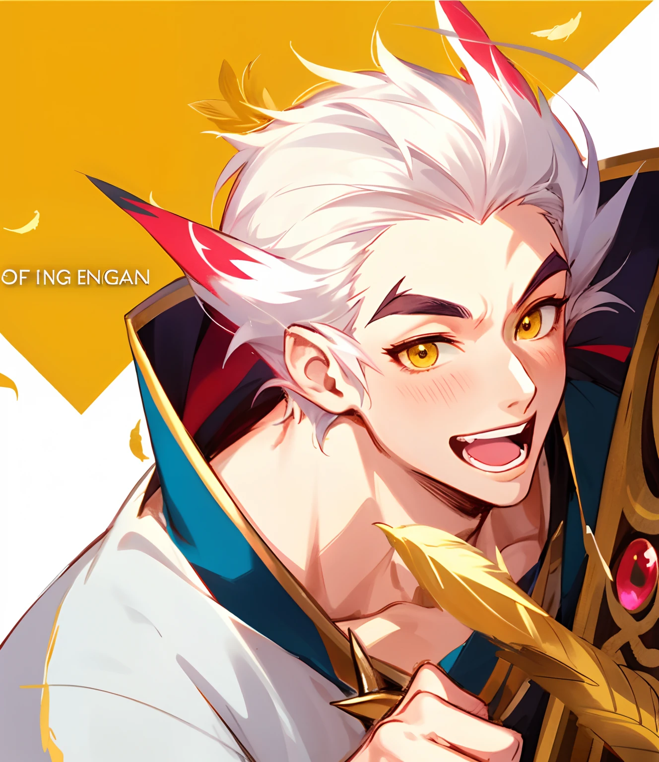 male character, 1boy, rakan white ears, white hair, hair pulled