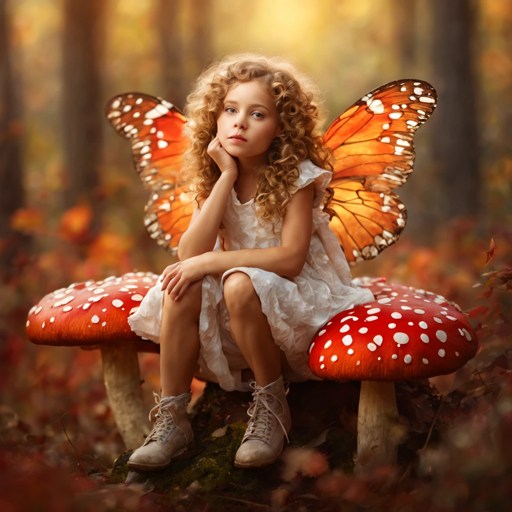 Young girl, curly hair, angelic, butterfly wings, (seated on mushroom) oversized red mushroom with white spots, forest background, contemplative pose, fantasy, autumn leaves, digital art, whimsical, ethereal, soft lighting, golden hour, detailed texture, vibrant colors, depth of field, high resolution.