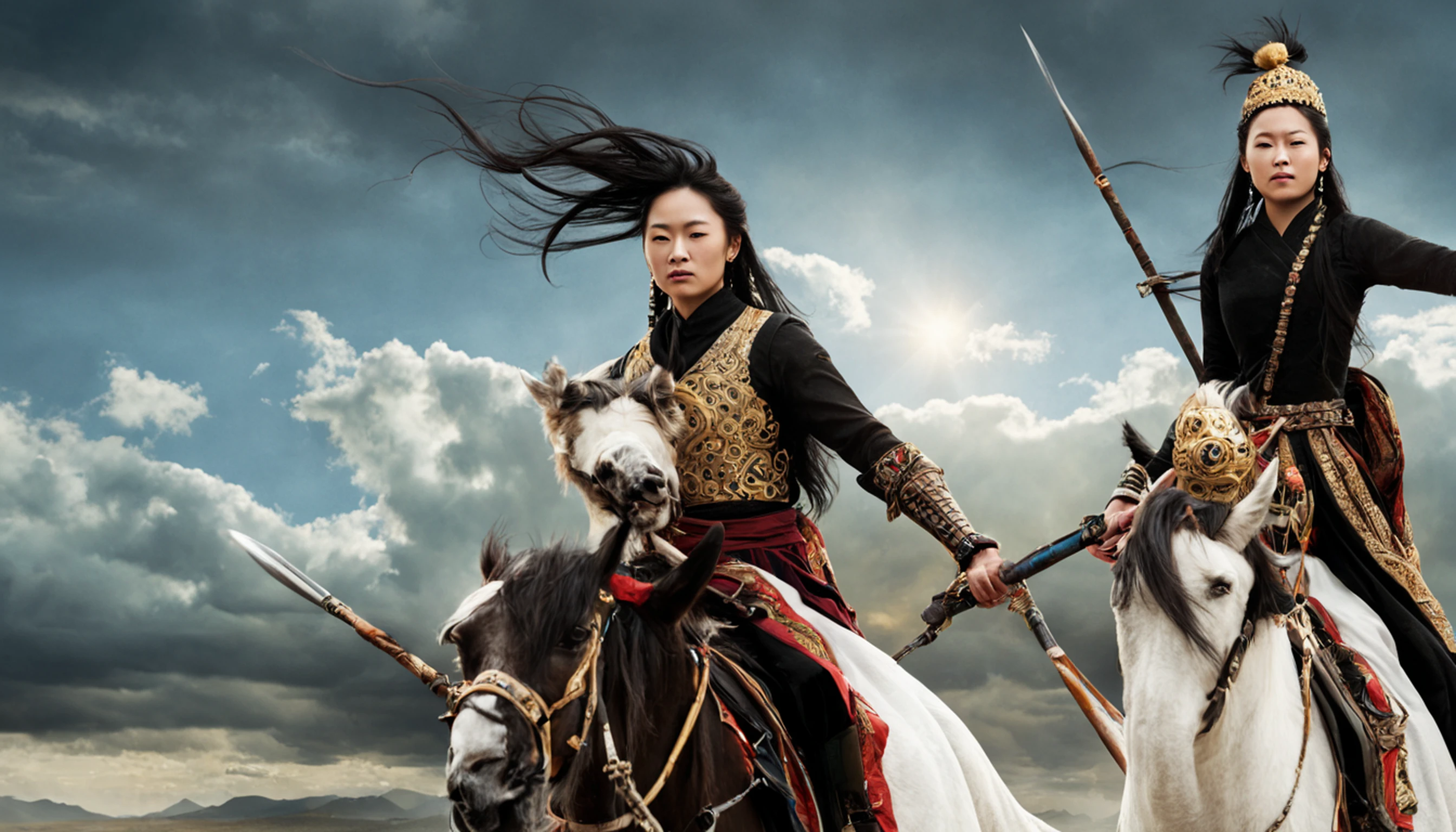 Tiro longo hiper realista. Khutulun Mongol Princesa, Poderoso e determinado, Luta, vasta paisagem mongol, beijado pelo sol, showcasing their unmatched strength and resilience. --V 5 --com 16:9 --q 1