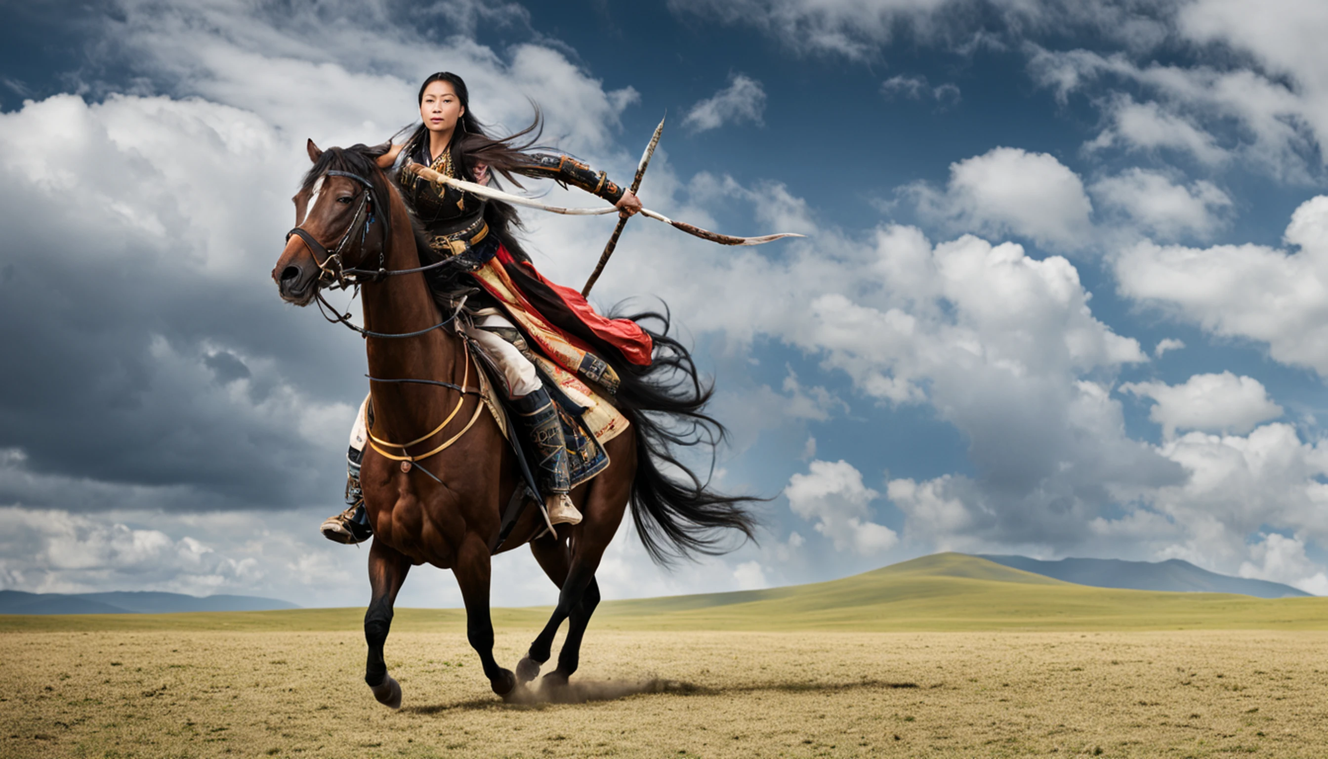 Tiro longo hiper realista. Princesa Mongol Khutulun, Poderoso e determinado, Luta, vasta paisagem mongol, beijado pelo sol, mostrando sua força e resiliência incomparáveis. --V 5 --com 16:9 --q 1