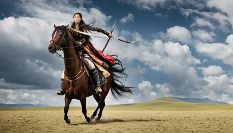 Tiro longo hiper realista. Khutulun Mongol Princesa, Poderoso e determinado, Luta, vasta paisagem mongol, beijado pelo sol, show...