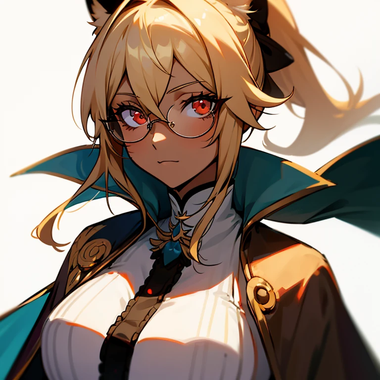 1girl, solo, upper body, mature, mature female, milf, blonde hair, long hair, hair ribbon, red eyes, long eyelashes, thick eyelashes, looking at viewer, :3, white background, cat ears, glasses, hair between eyes , dark skin, thin eyebrows,