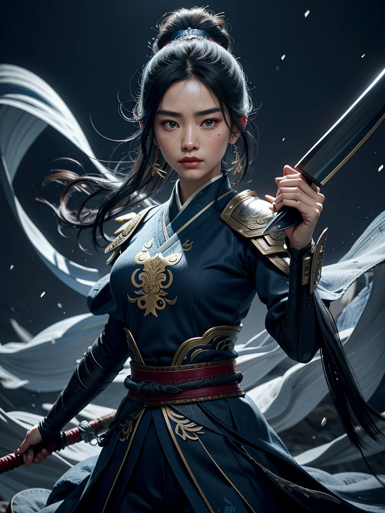 Glowing, two tone color hair, Glowing eyes, Mulan composed of red light, Mulan made up of black smoke, Black-haired Mulan，White-haired Mulan，Mulan with blue eyes glowing，Mulan，The eyes are green, Mulan in dark blue armor，Mulan in golden armor，a 3D render (Close-up of Mulan holding a sword), （A very long sword，Shining with cold light），（A sword with a dragon pattern），The surface of the sword is as smooth as a mirror，Cold light flashes，The hilt of the sword is inlaid with precious jade and wood，The upper body wears dark blue armor made of fish scales and iron， The armor was also inlaid with golden stars，floral embroidery，Cloak decorated in black and gold， Very long hair, Ebony hair, Big black eyes, Long eyelashes, Sexy red lips, Resolute expression, disney movie《Mulan》, Martial arts, Kungfu, Chinese exquisite clothing, ， 1 Mulan, Solo, Ancient wind，WABSTYLE STYLE, Background with: It was snowing heavily，It was snowing heavily，It was snowing heavily in the sky， Hurricane weather，vortex,,{{Masterpiece}}, {{{Best quality}}},{{Ultra-detailed}}, {{illustration}},{{Disheveled hair}},{{Masterpiece}},{{{Best quality}}},{{Ultra-detailed}}, {{{illustration}}},{{Disheveled hair}},Clear facial features,close up photograph,,Alphonse Mucha,Pixar style,Cartoon style,beatrix potter ,Refined atmosphere,Intense atmosphere, microscopic view,Close-up(CU),Extreme closeup,back Lighting,