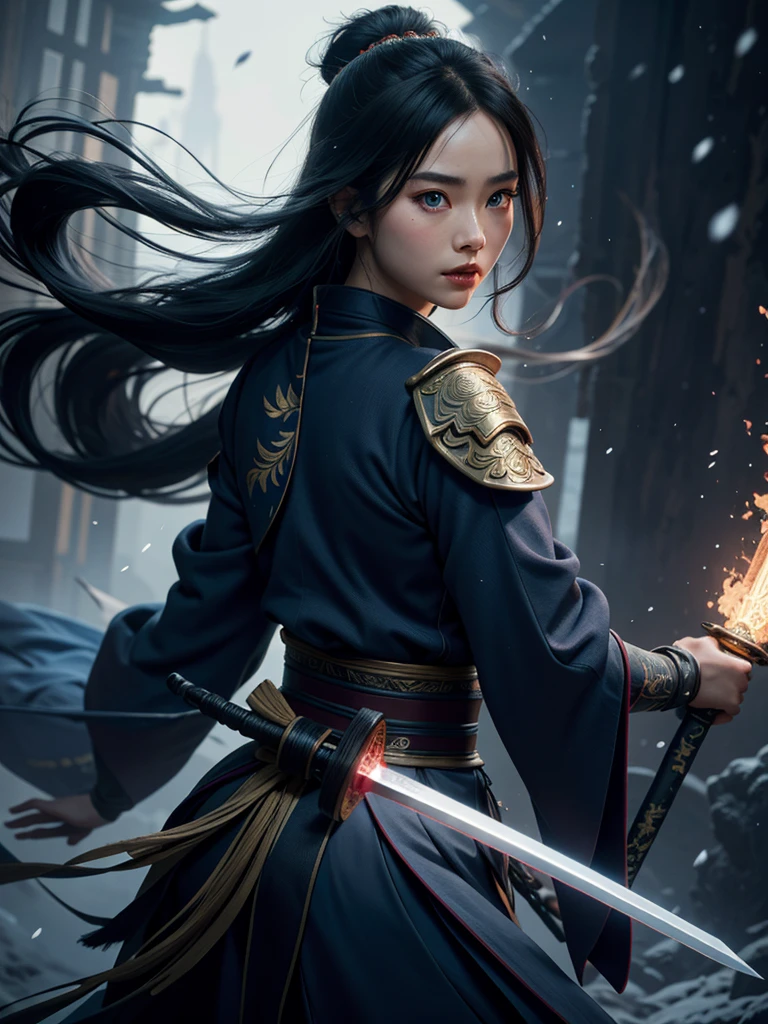 Glowing, two tone color hair, Glowing eyes, Mulan composed of red light, Mulan made up of black smoke, Black-haired Mulan，White-haired Mulan，Mulan with blue eyes glowing，Mulan，The eyes are green, Mulan in dark blue armor，Mulan in golden armor，a 3D render (Close-up of Mulan holding a sword), （A very long sword，Shining with cold light），（A sword with a dragon pattern），The surface of the sword is as smooth as a mirror，Cold light flashes，The hilt of the sword is inlaid with precious jade and wood，The upper body wears dark blue armor made of fish scales and iron， The armor was also inlaid with golden stars，floral embroidery，Cloak decorated in black and gold， Very long hair, Ebony hair, Big black eyes, Long eyelashes, Sexy red lips, Resolute expression, disney movie《Mulan》, Martial arts, Kungfu, Chinese exquisite clothing, ， 1 Mulan, Solo, Ancient wind，WABSTYLE STYLE, Background with: It was snowing heavily，It was snowing heavily，It was snowing heavily in the sky， Hurricane weather，vortex,,{{Masterpiece}}, {{{Best quality}}},{{Ultra-detailed}}, {{illustration}},{{Disheveled hair}},{{Masterpiece}},{{{Best quality}}},{{Ultra-detailed}}, {{{illustration}}},{{Disheveled hair}},Clear facial features,close up photograph,,Alphonse Mucha,Pixar style,Cartoon style,beatrix potter ,Refined atmosphere,Intense atmosphere, microscopic view,Close-up(CU),Extreme closeup,back Lighting,