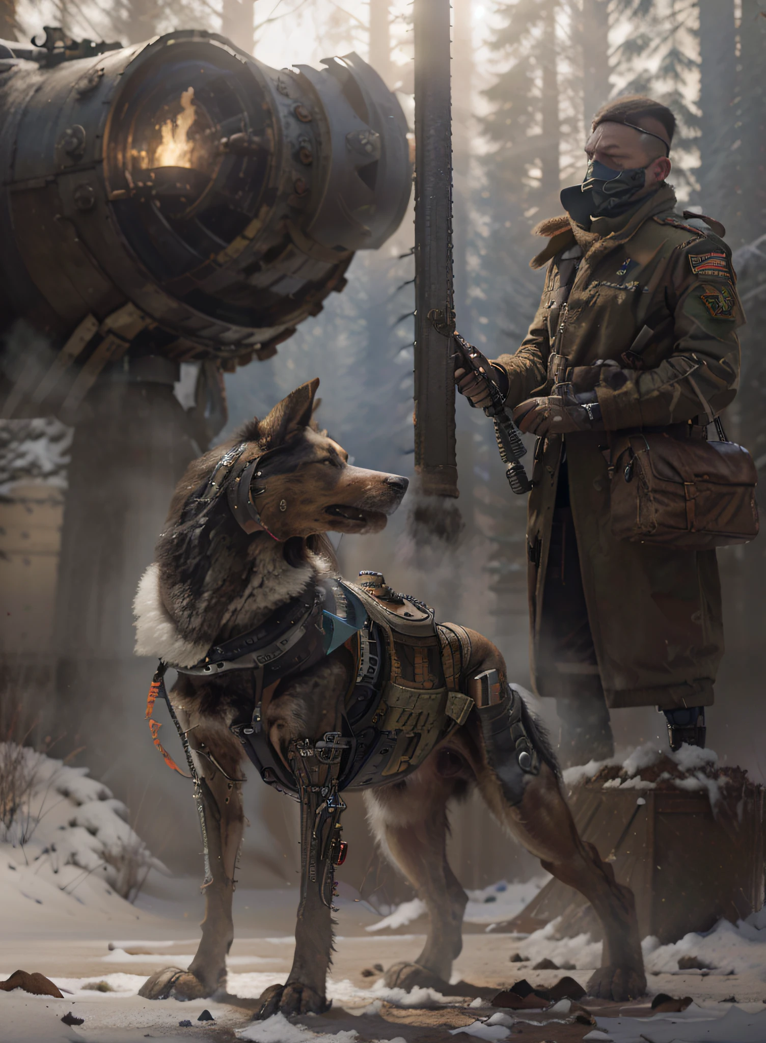 Siberian cyborg dog Dieselpunk style robotic, Detailed realistic dog skin, Half of the dog's parts are metal robotics, Pipes and cables, He is accompanied by a soldier, Russian features, The soldier has half of his face bandaged and has a single arm, Soldier in brown Soviet-style uniform, with dark red details, Dark brown military pants, Black military boots, leather straps, Belt with ammunition, Hand with glove, Highly detailed hand, carries a rifle, Soldier carries a military bag, debris, is in a wild snowy winter forest, realistic, 4k, Ultra detailed image, realistic, Highly detailed, perfect composition, gorgeous, Intricately detailed, incredibly detailed, Art photography 8K, hyper detailed, Masterpiece, Ultra detailed, hyper realistic, 4k , Ultra detailed image, realistic, Highly detailed, perfect composition, beautiful, intricately detailed, incredibly detailed, art photography 8k, hyper detailed, masterpiece
​