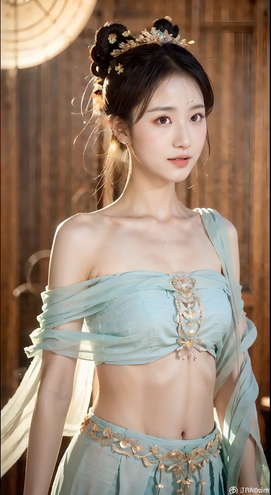 a  beautiful female，messy  hair，teens girl，Symmetrical bun，hair adornments，jewelry，The face is delicate，eye shadows，Delicate cyan top，cropped shoulders，Crop topping，showing belly，Dunhuang style，Lots of streamers，Fine fine skin，Soft light effects，Delicate and smooth hair，exquisite detailing，Eye highlights，Fair skin，Fine portrayal，Ultimate detail，Cinematic quality，being thin，slenderness，Fragmentation，hair detail，Thin bangs，Shawl hair，Correct bodies，shadowing，Air bangs，8K，Super meticulous，Fine fabric texture，softness，complaisant，Smooth texture，Dunhuang style，Delicate pattern，Correct hand drawing，smile, tsurime, Surrealism, ray tracing, UHD, high details, super detail, highres, 8k, high quality, high details, textured skin, ccurate