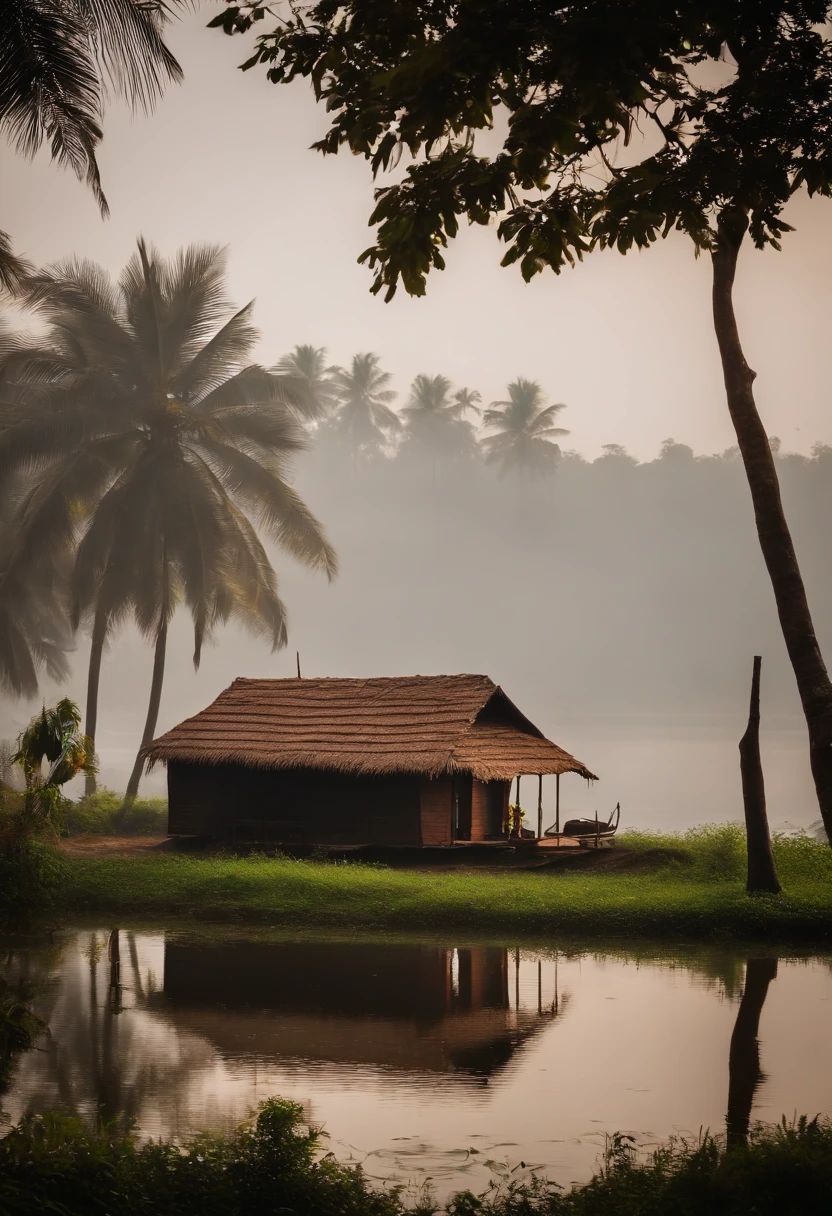 There is a small house on the shore of a lake - SeaArt AI