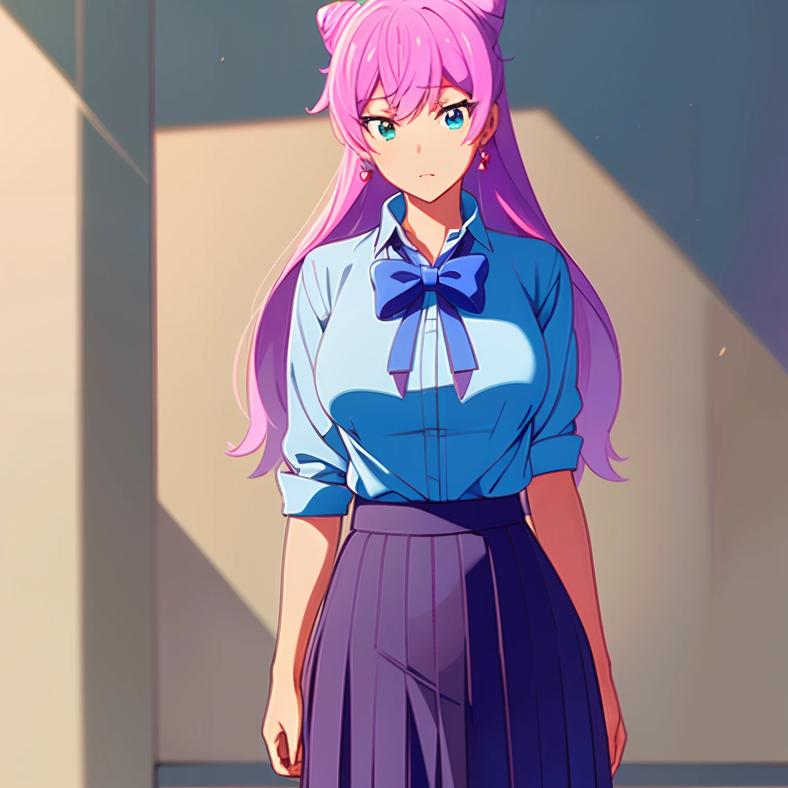 Anime girl with pink hair and blue shirt and purple skirt - SeaArt AI