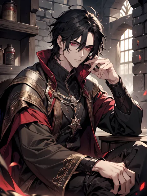 1 male, age 39 face, handsome, messy black hair, crimson eyes, dark sorcery, black magic, black magic, condescending, sitting in...