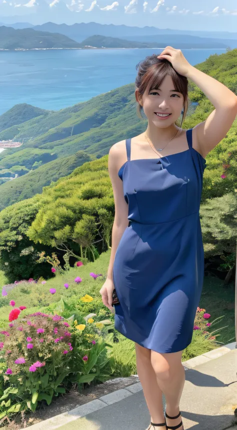 masutepiece, Best Quality, hight resolution, 1 Beautiful woman in navy blue dress,fullbody image,Smile (On a mountain with a view of the sea),fullbody image,Very good image,