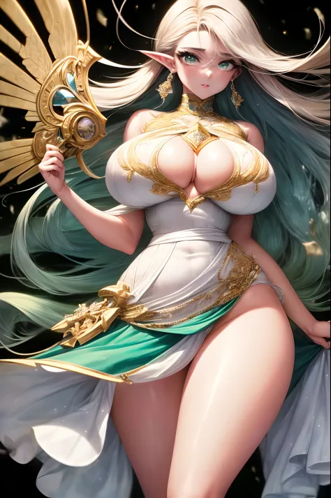 (Ultra Quality,Unparalleled Masterpiece:1.4)Overwhelmingly Pixel-Perfect,Ultra-Detailed CG 4K,(Ultra-Detailed Clear Absurdly-Vivid Jade Big Eyes:1.2),Gorgeous Round Detailed Face(Voluptuous:1.4)Elf(Gigantic Breasts:1.8)(Voluminous Long Blonde Hair: 1.4),(B...