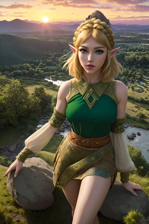 (symmetrical1.3), (mid shot), (solo:1.3), (front view:1.3), ((standing on a rocky hill)) princess zelda, blonde hair, (green eye...