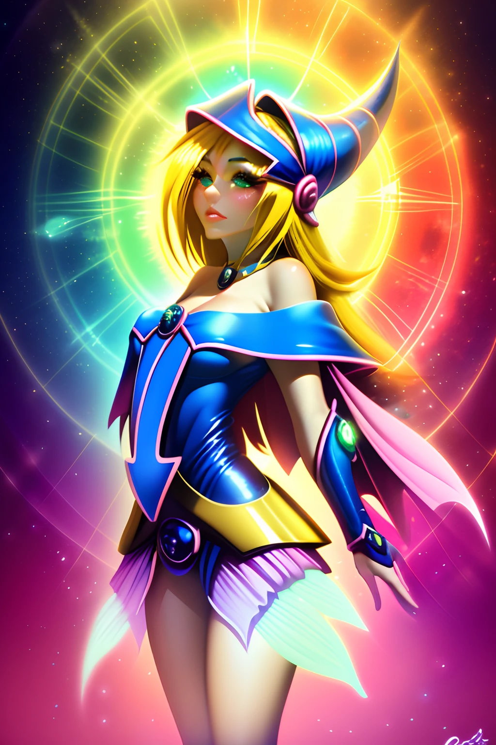 ((The best quality)), ((Masterpiece)), ((realist)), portrait, dark magician gils.
1girl, celestial, Deity, goddess, light particles, halo, looking at the viewer,
(bioluminiscente:0.95), Vibrant, colorido, color, (resplendent, glow),
(beautiful composition), cinematic lighting, intricate, (symmetrical:0.5), capricious,