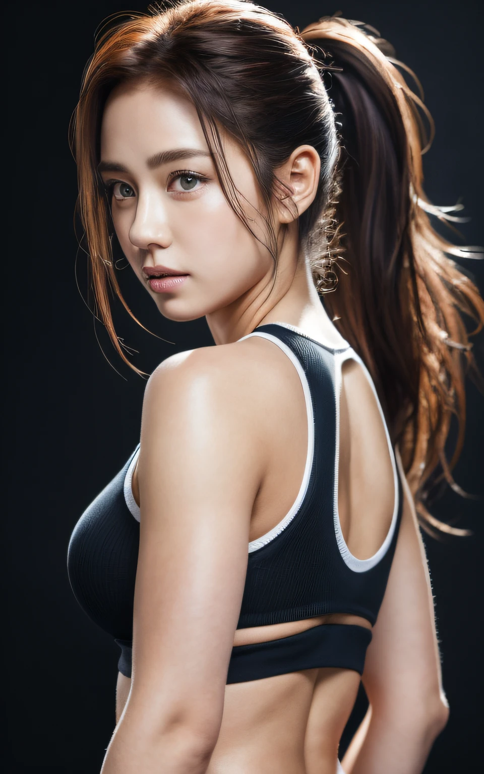 Highly detailed CG Unity 8k wallpaper, top quality, super detailed, masterpiece, realistic, photo realistic, very detailed cute girl, 2, Muscle, abs, round eyes, viewer,  blush, parted lips, half body shot , 
sportswear , Arena , look back, short ponytail