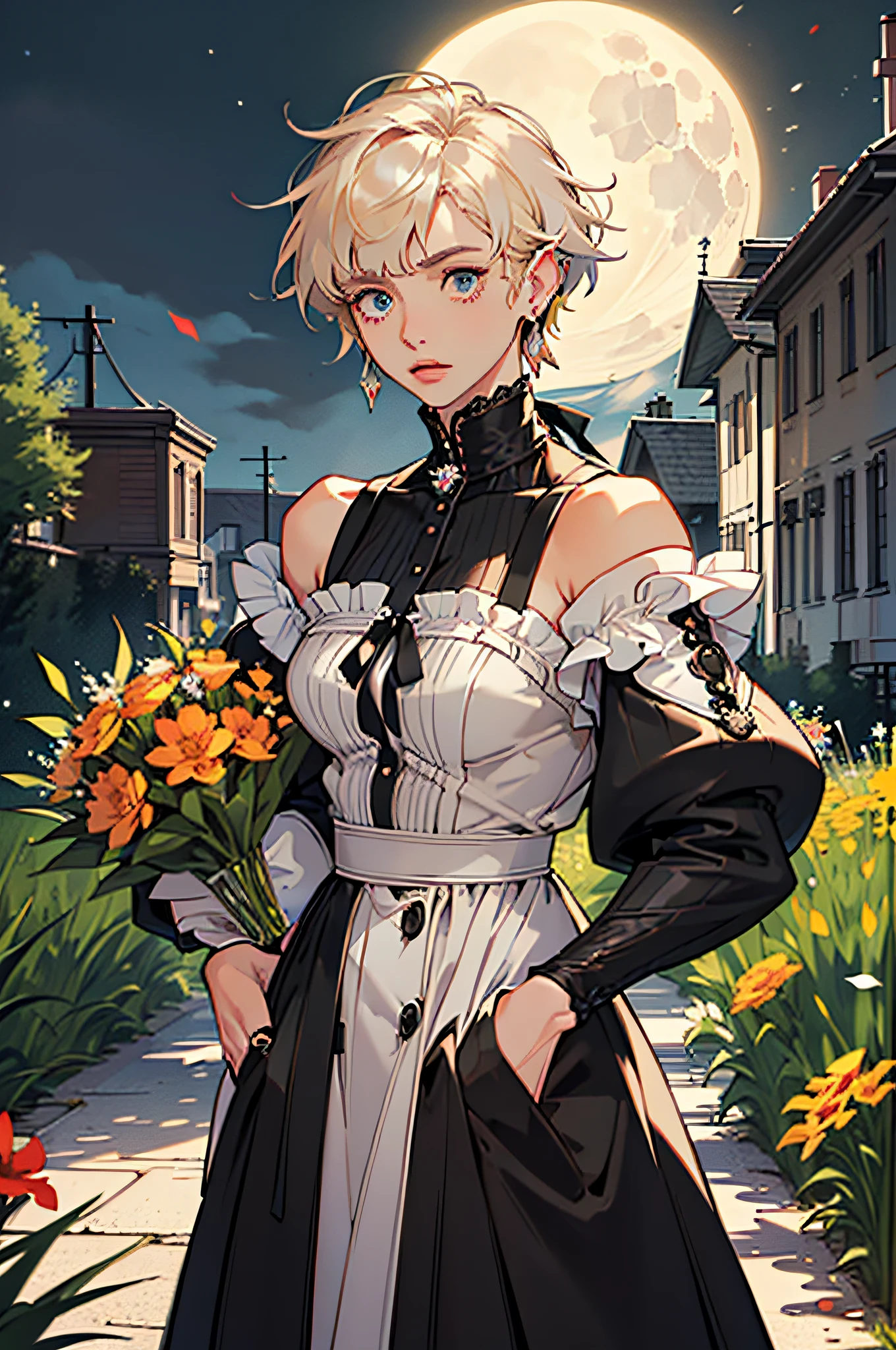 ((((carrying flowers,Finger Sleeve，))))((Hands in pockets,))(masterpiece illustration,Beautiful and aesthetic:1.2,Aim for an audience), Best Quality,of the highest quality, epic quality,((((Valley,plein air,))))(Moonlight,Moon glare, God Light,At night,Upper Upper Shot,Focus on Face,))Neat face,underage,Mature,beautiful detailed hair，Blonde hair，hyper HD, retinas, Textured skin, hight resolution, 16 K ，((hair clips,Steep bangs,side locks,Short hair,Big ribbon in hair)),Detailed face, 1jk, Lady,Solo, Perfect face, Very nice girl,((off shoulders,puff sleeves,White tracing shirt with red stripes,frilld,lolita dress,Metal Earrings,Spiral piercing)),Rim Lights