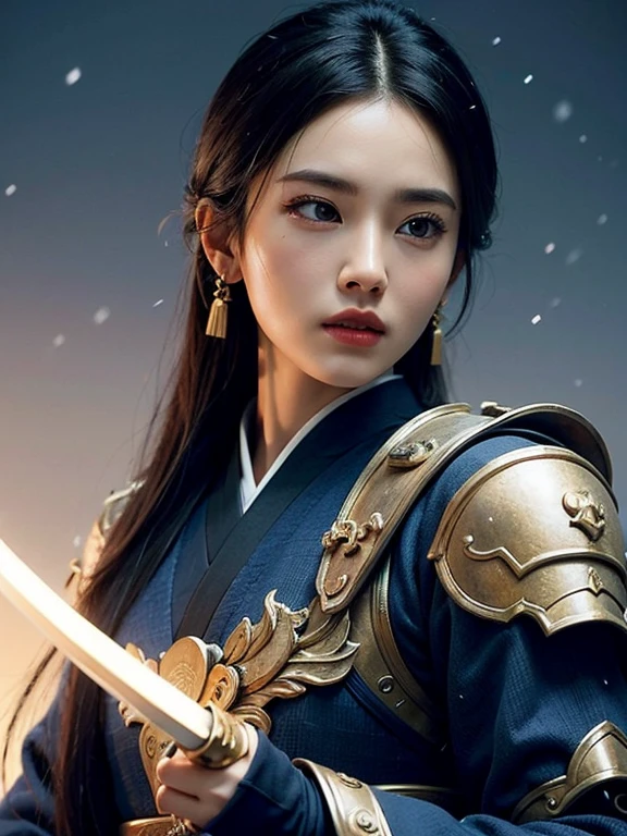 Magazine cover artwork, history channel theme, Glowing, two tone color hair, Glowing eyes, Mulan composed of red light, Mulan made up of black smoke, Black-haired Mulan，White-haired Mulan，Mulan with blue eyes glowing，Mulan，The eyes are green, Mulan in dark blue armor，Mulan in golden armor，a 3D render (Close-up of Mulan holding a sword), （A very long sword，Shining with cold light），（A sword with a dragon pattern），The surface of the sword is as smooth as a mirror，Cold light flashes，The hilt of the sword is inlaid with precious jade and wood，The upper body wears dark blue armor made of fish scales and iron， The armor was also inlaid with golden stars，floral embroidery，Cloak decorated in black and gold， Very long hair, Ebony hair, Big black eyes, Long eyelashes, Sexy red lips, Resolute expression, disney movie《Mulan》, Martial arts, Kungfu, Chinese exquisite clothing, ， 1 Mulan, Solo, Ancient wind，WABSTYLE STYLE, Background with: It was snowing heavily，It was snowing heavily，It was snowing heavily in the sky， Hurricane weather，vortex,,{{Masterpiece}}, {{{Best quality}}},{{Ultra-detailed}}, {{illustration}},{{Disheveled hair}},{{Masterpiece}},{{{Best quality}}},{{Ultra-detailed}}, {{{illustration}}},{{Disheveled hair}},Clear facial features,close up photograph,,Alphonse Mucha,Pixar style,Cartoon style,beatrix potter ,Refined atmosphere,Intense atmosphere, microscopic view,Close-up(CU),Extreme closeup,back Lighting,