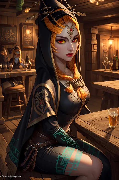 (symmetrical1.3), (mid shot), (solo:1.3), (front view:1.3), ((sitting in a tavern)) midnatrue, long hair, front ponytail, hood, ...