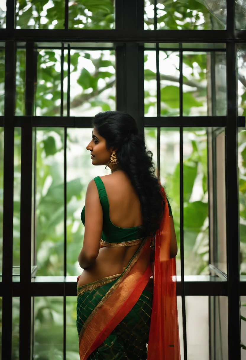 A woman in a green sari looking out a window - SeaArt AI