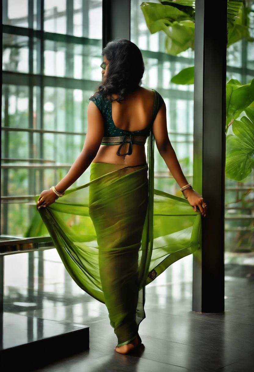 A woman in a green sari is standing in front of a window - SeaArt AI